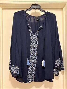 Karen Kane Navy Blue Embroidered Tassel Peasant Blouse